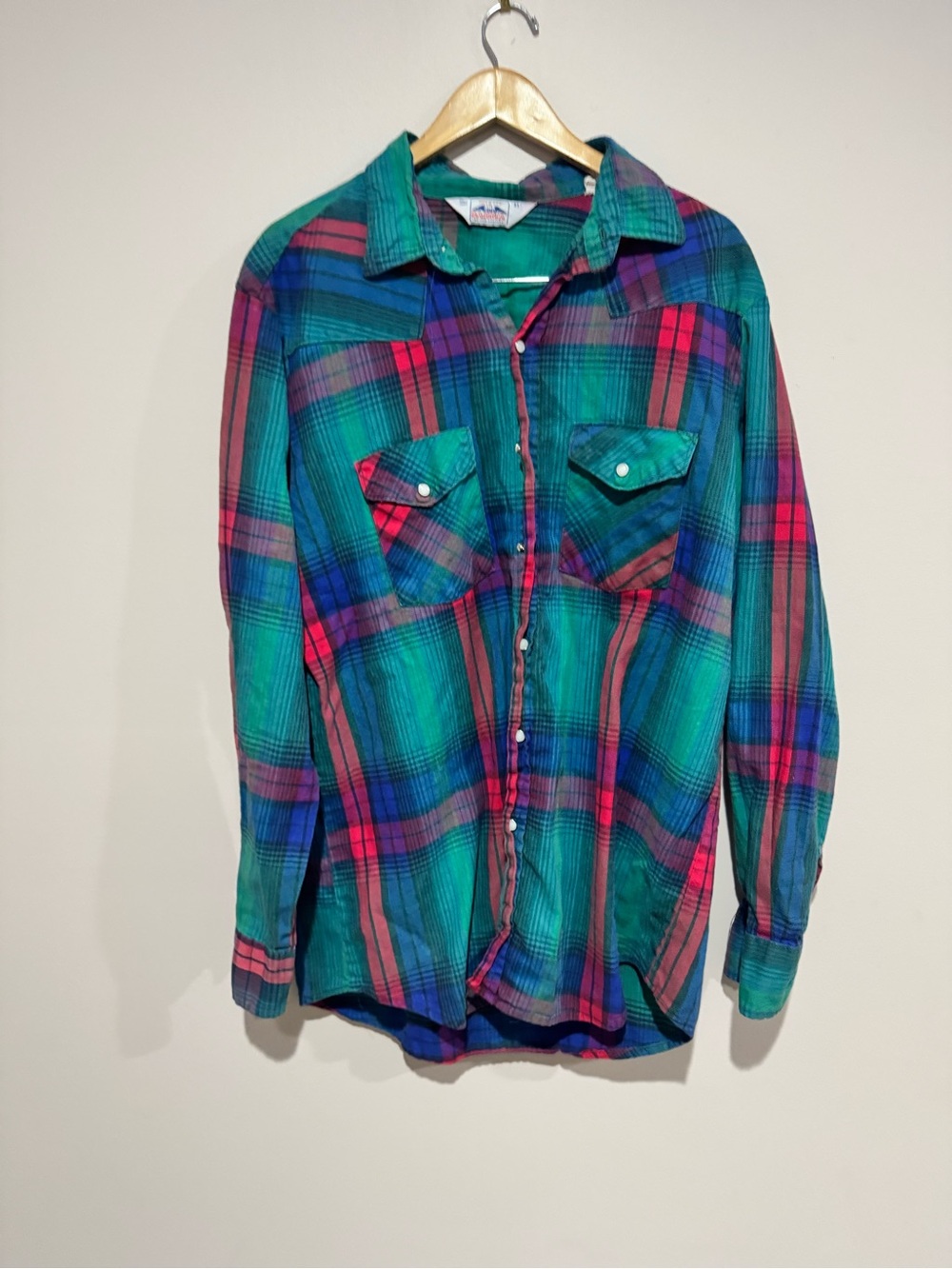Vintage Five Brothers Dakota Green Plaid Snap Flannel Shirt Sz. XL USA